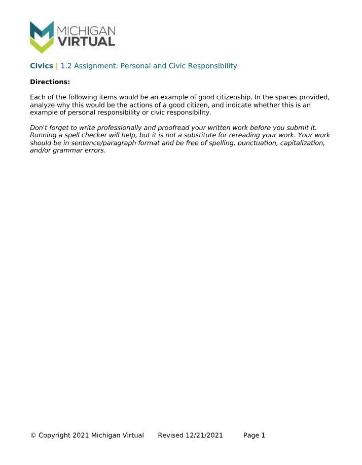 Personal and Civic Responsibility - Civics 1.2