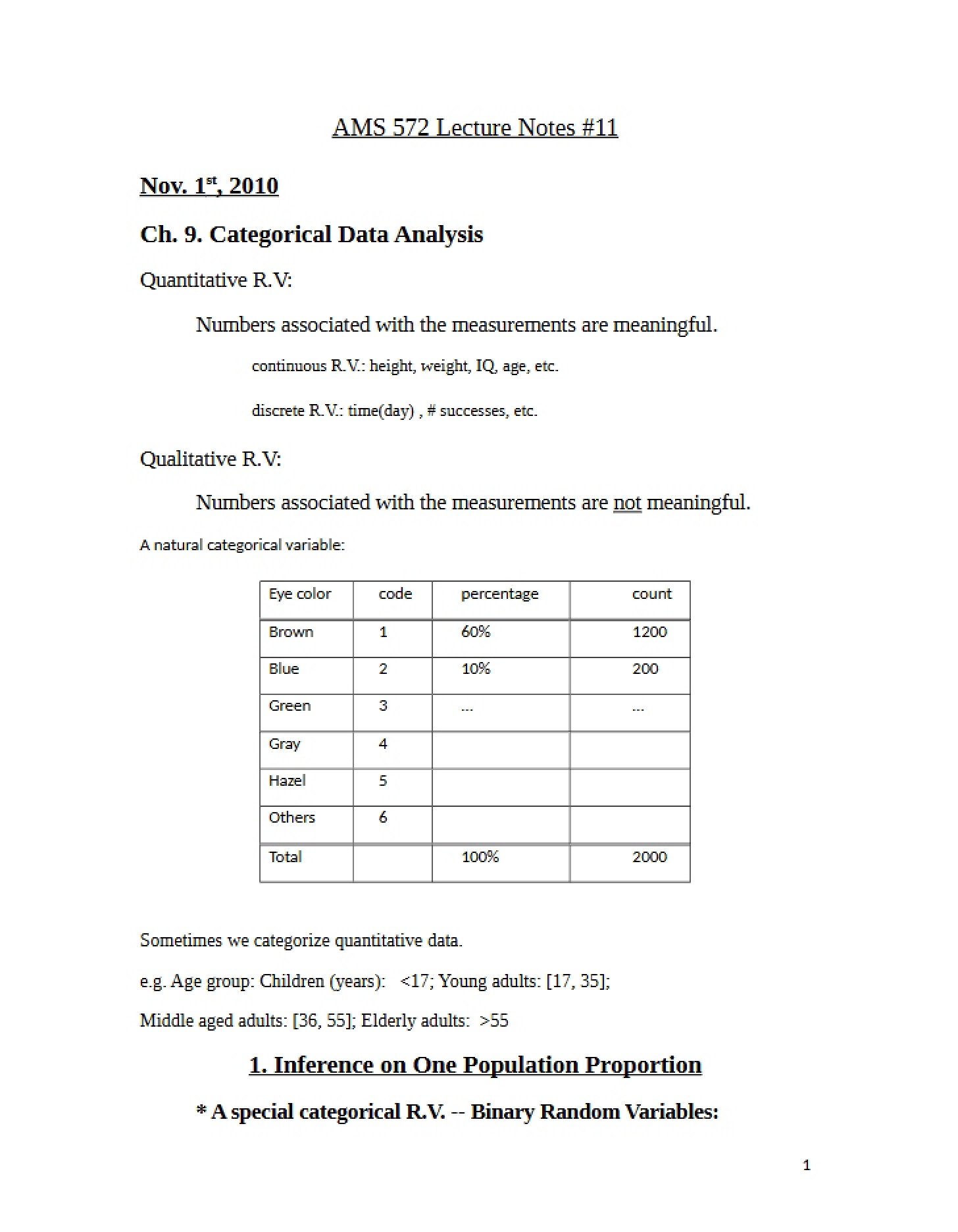 Notes for Lecture 11 (AMS 572)