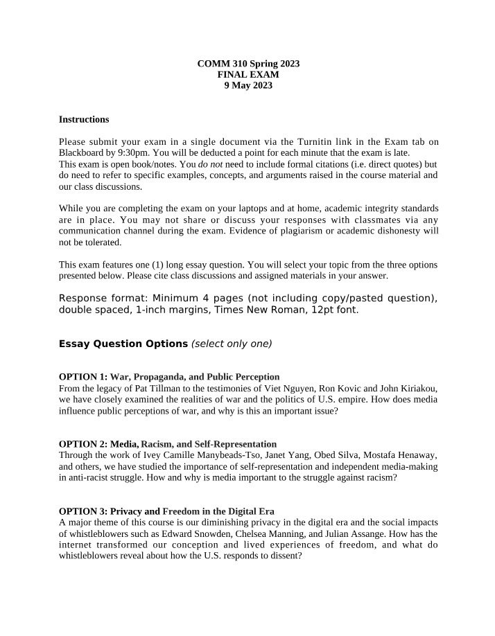 COMM 310 Final Exam (Spring 2023)