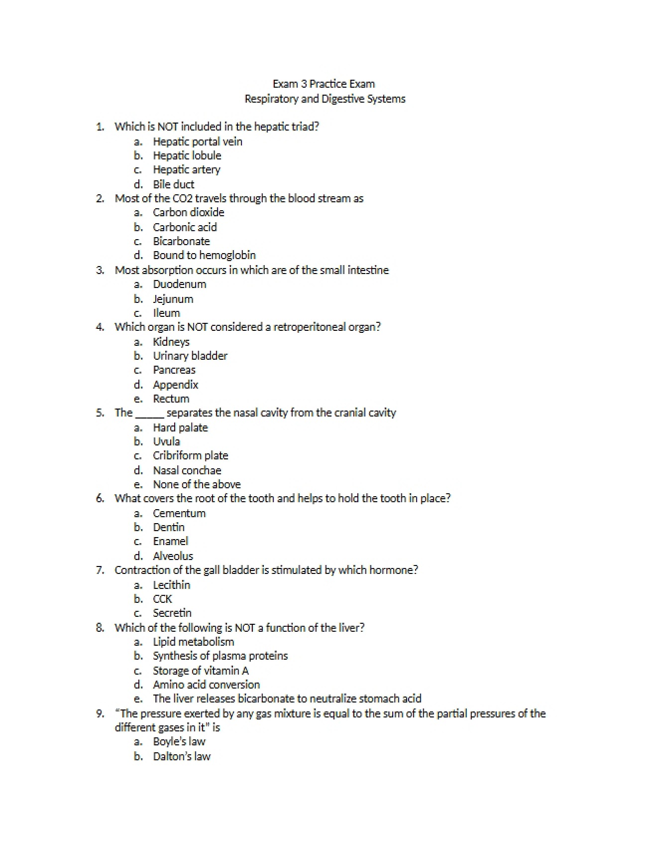 Practice Test for Exam Three