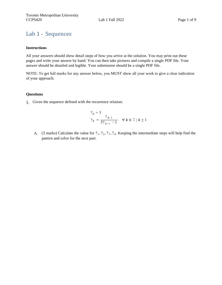 Lab 1 Fall 2022 - Solving Recurrence Relations for Sequences