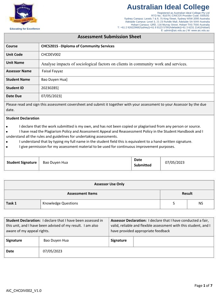 Assessment Submission Sheet - CHCDEV002