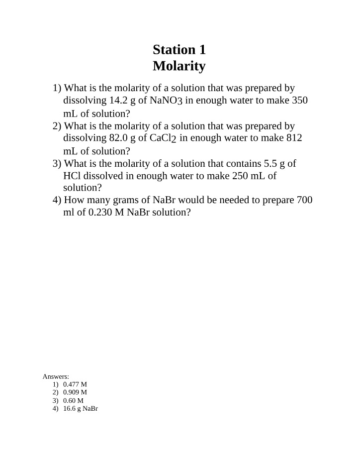 Molarity Calculations for NaNO3, CaCl2, HCl, and NaBr Solutions