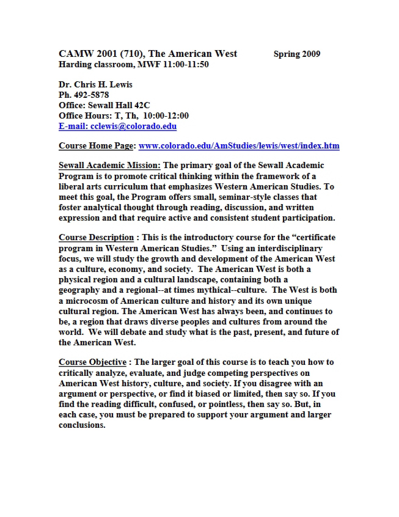 Course Outline for The American West