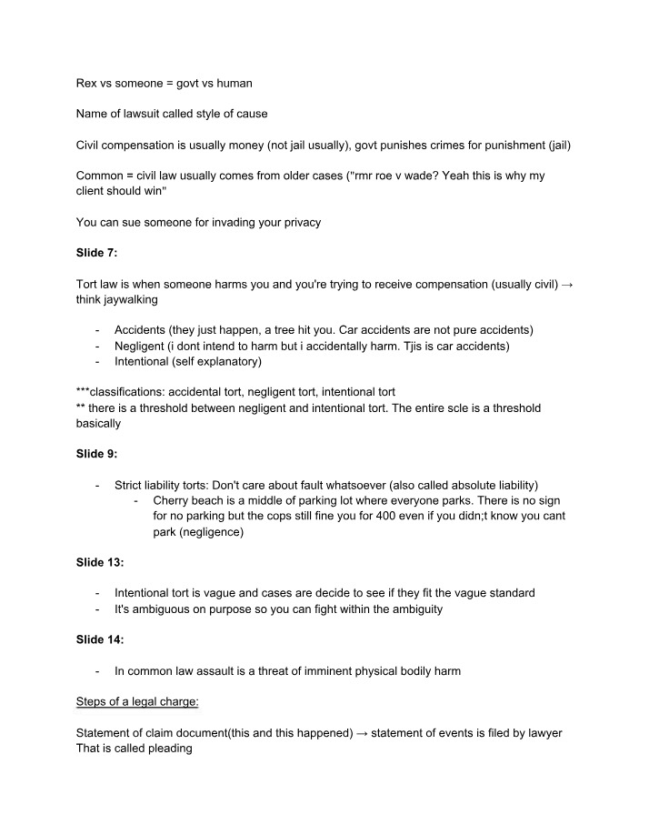 Tort Law - Lecture Notes