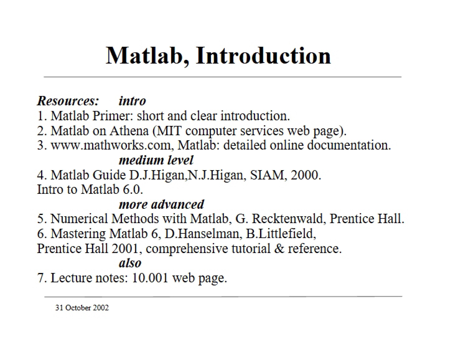 Introduction to Matlab Programming