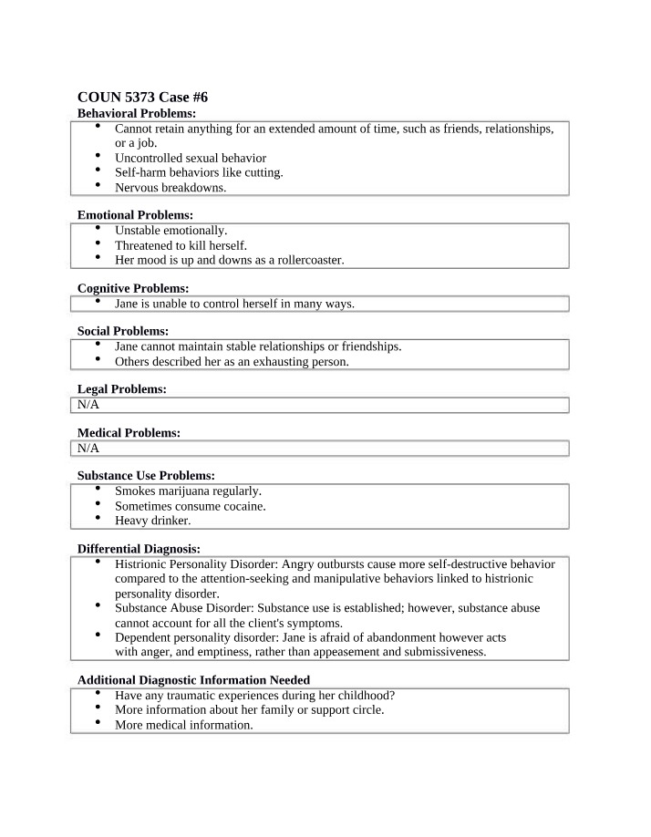 Borderline Personality Disorder Treatment Plan - Case 6