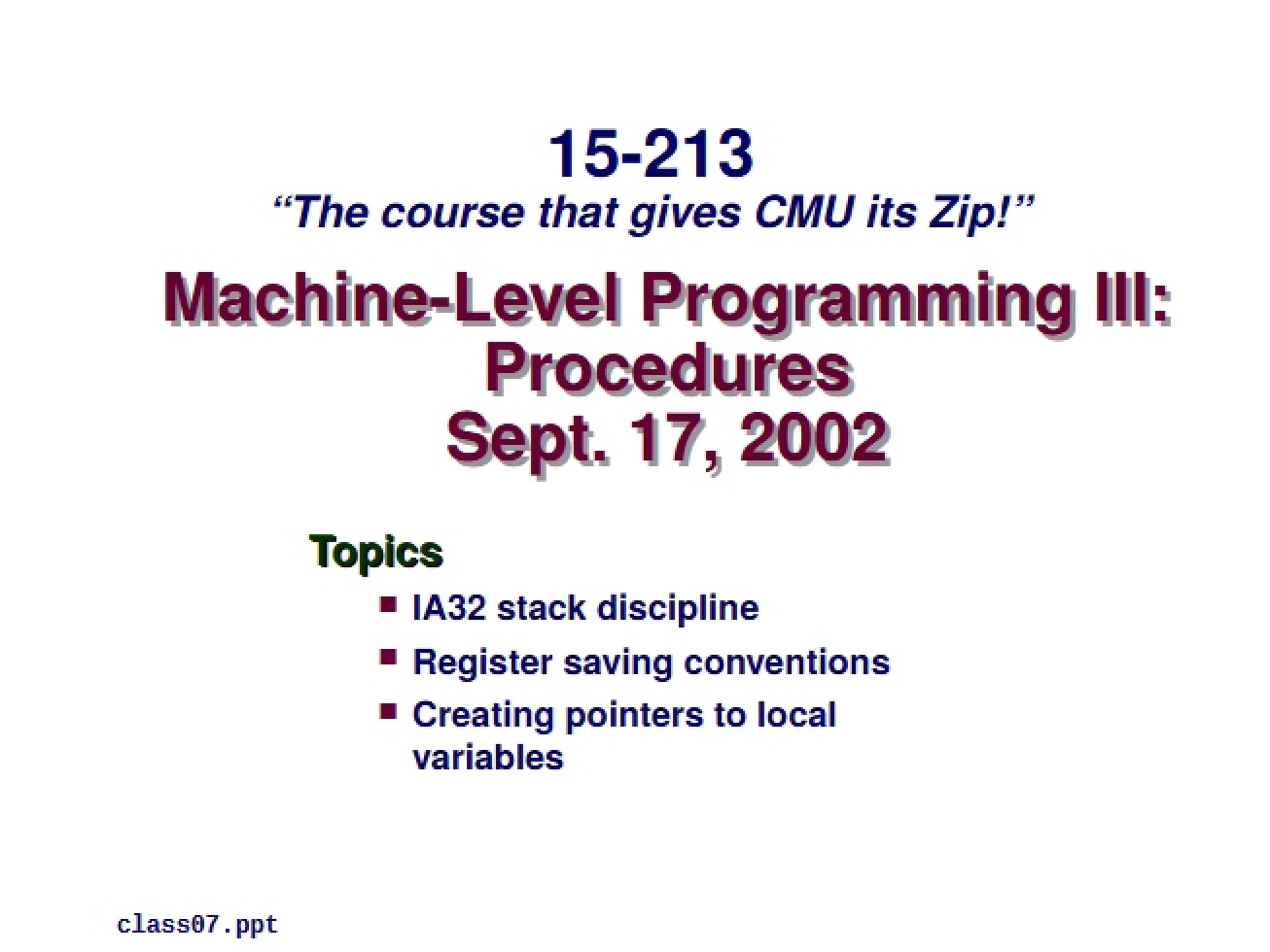 Procedures in Programming at the Machine Level Three Part One