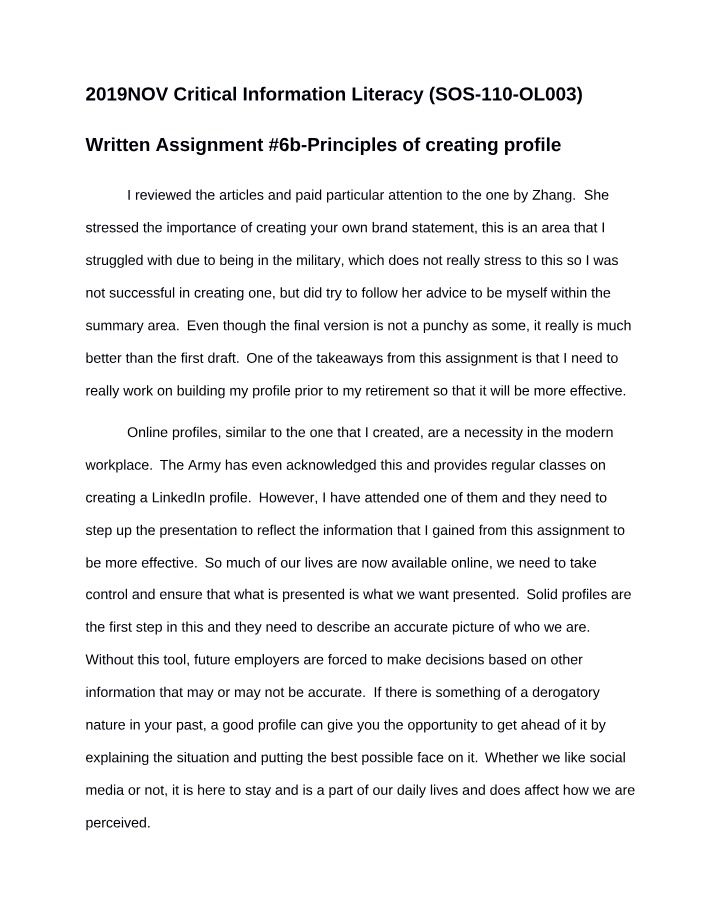 Assignment 6b - Creating a Profile