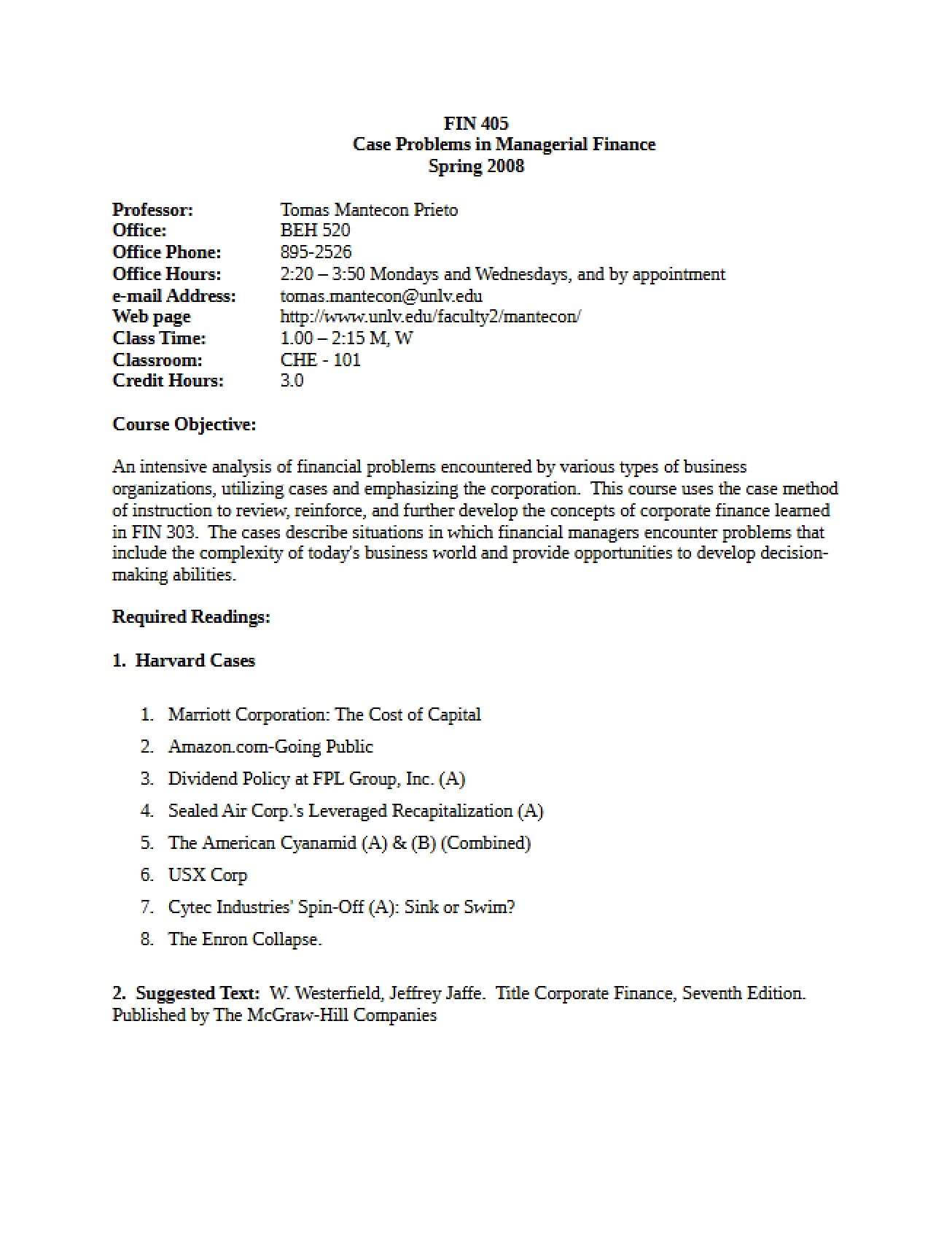 Case Problems in Managerial Finance Syllabus