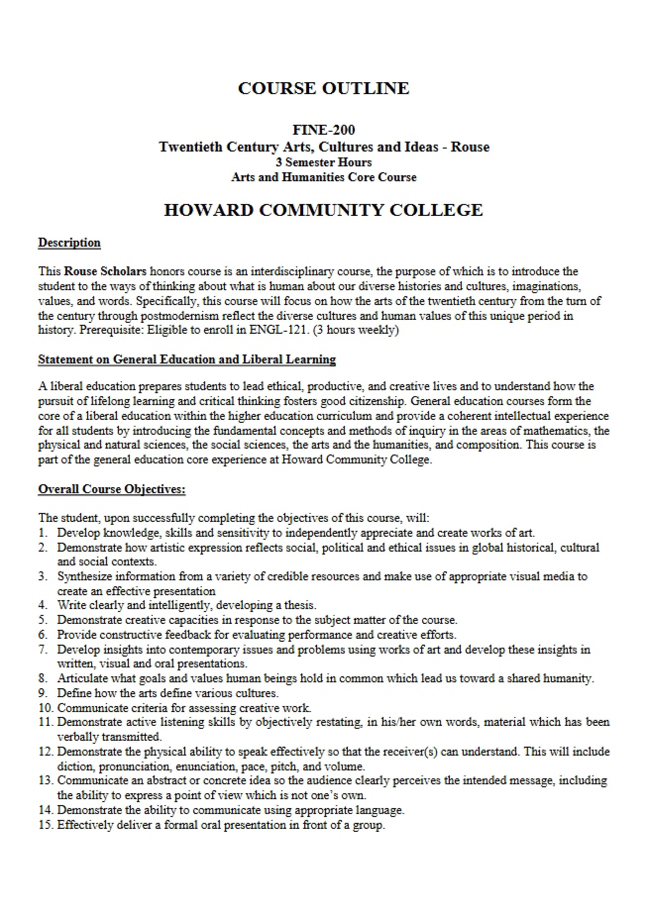 20th Century Art, Culture, and Ideas (Honors) Syllabus