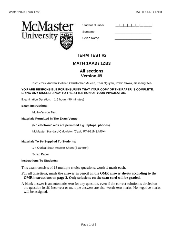Term Test for MATH 1AA3-1ZB3 - Winter 2023