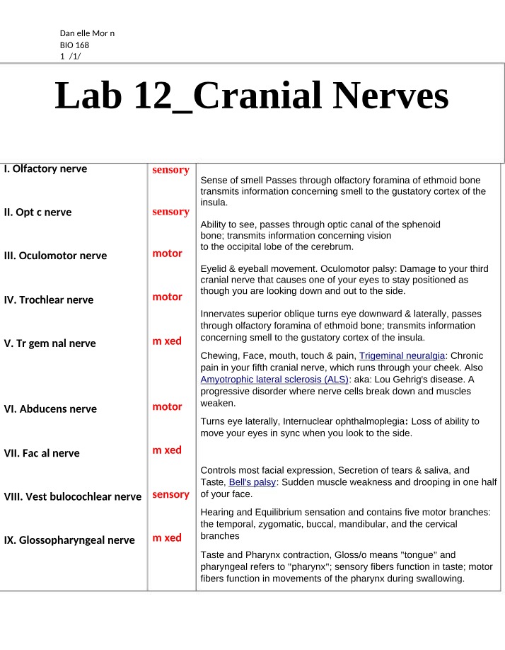 Cranial Nerves - Lab 12