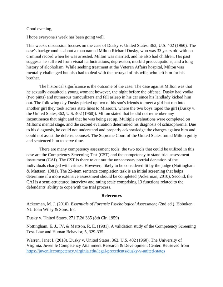 Dusky v. United States - Competency Assessment Tools Case Study
