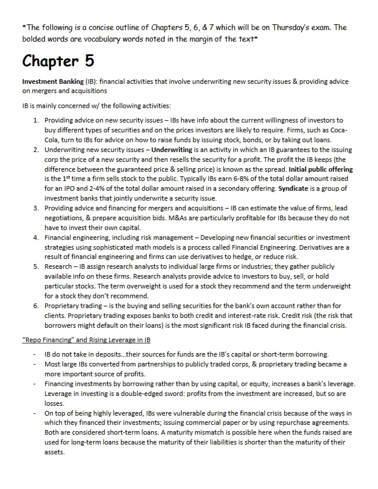 Fifth Chapter Notes on Financial Institutions