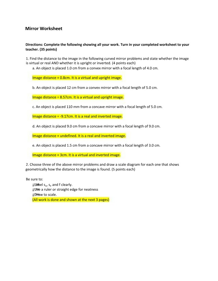Worksheet on Mirrors