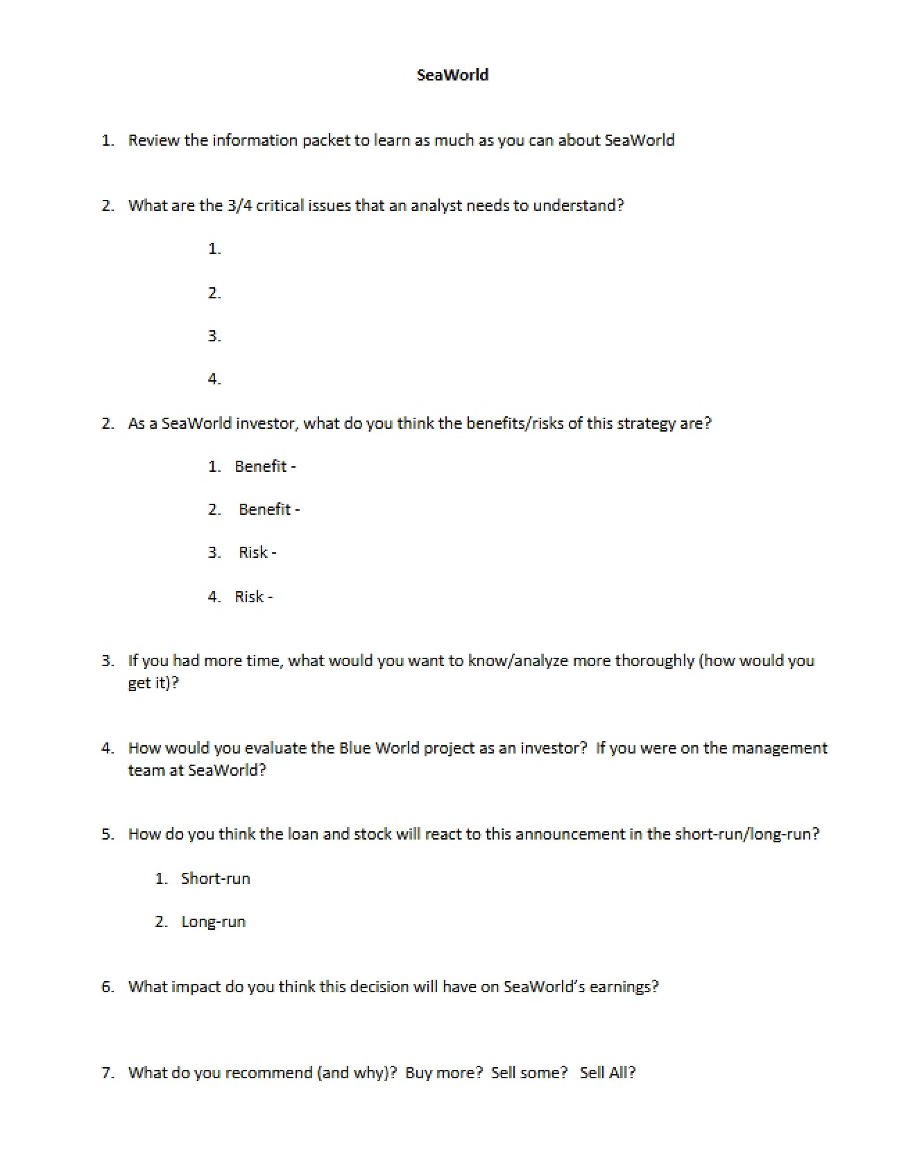 Worksheet SeaWorld
