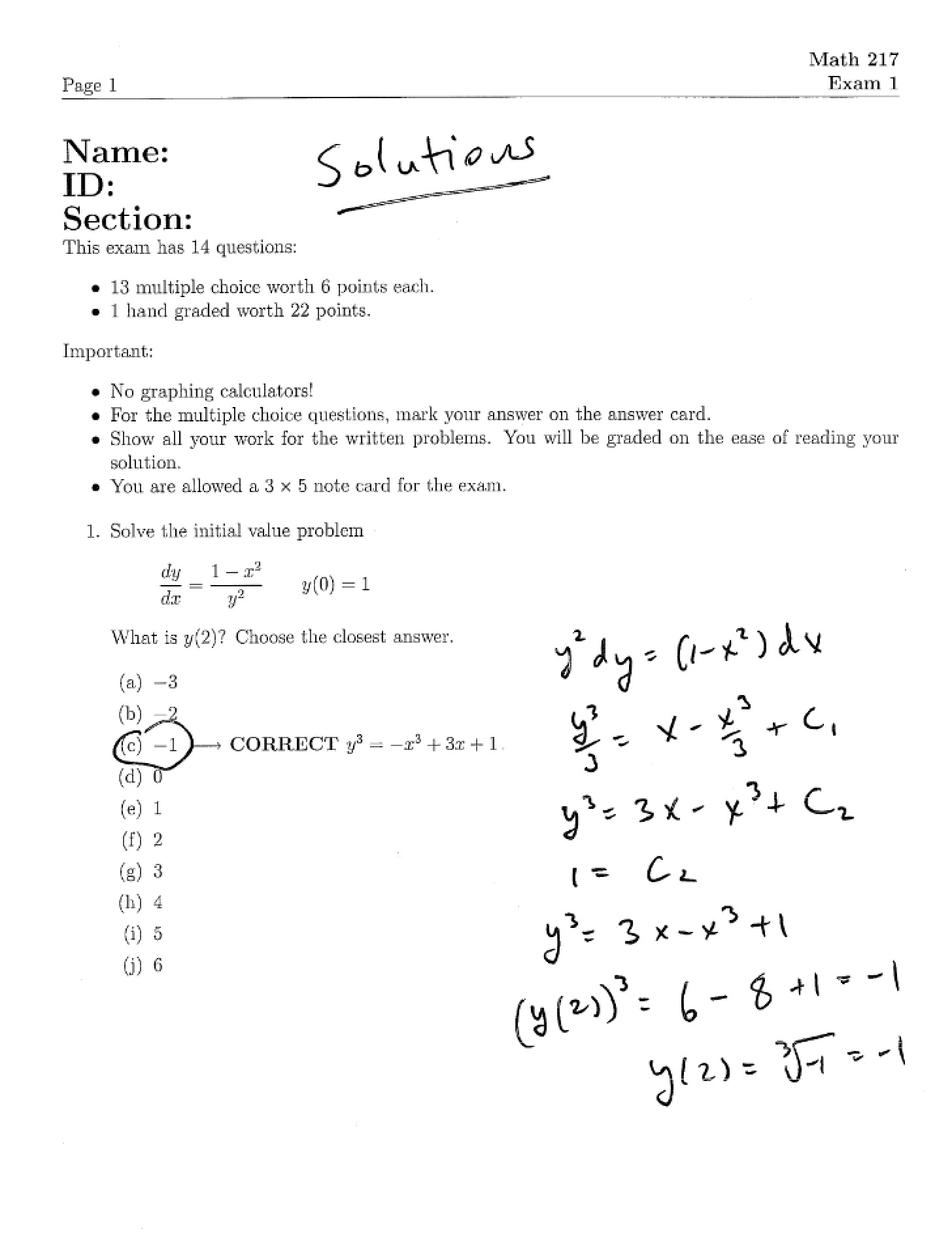 Fall 2007 Exam 1 Solutions (Math 217)