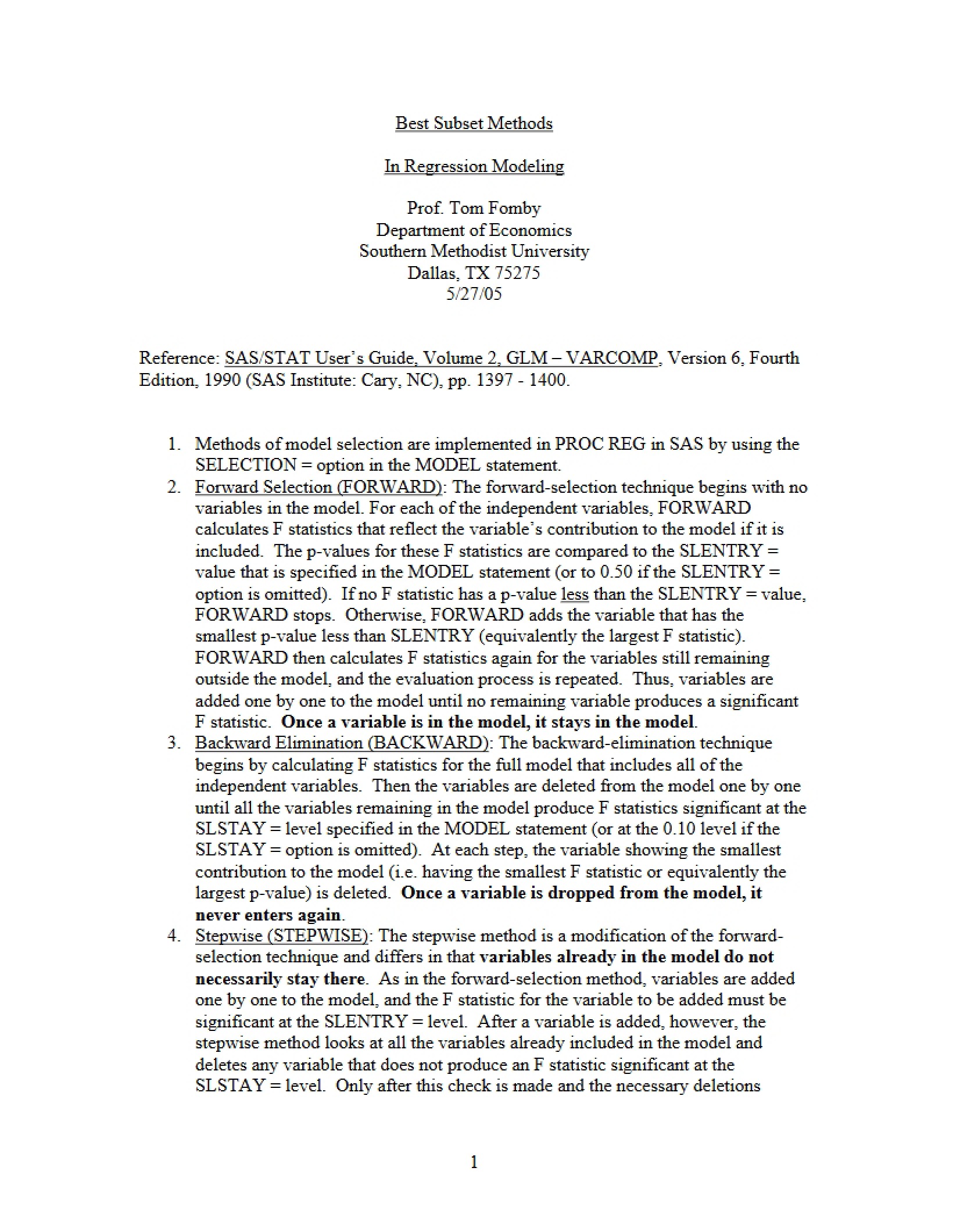 Regression Modeling Best Subset Methods