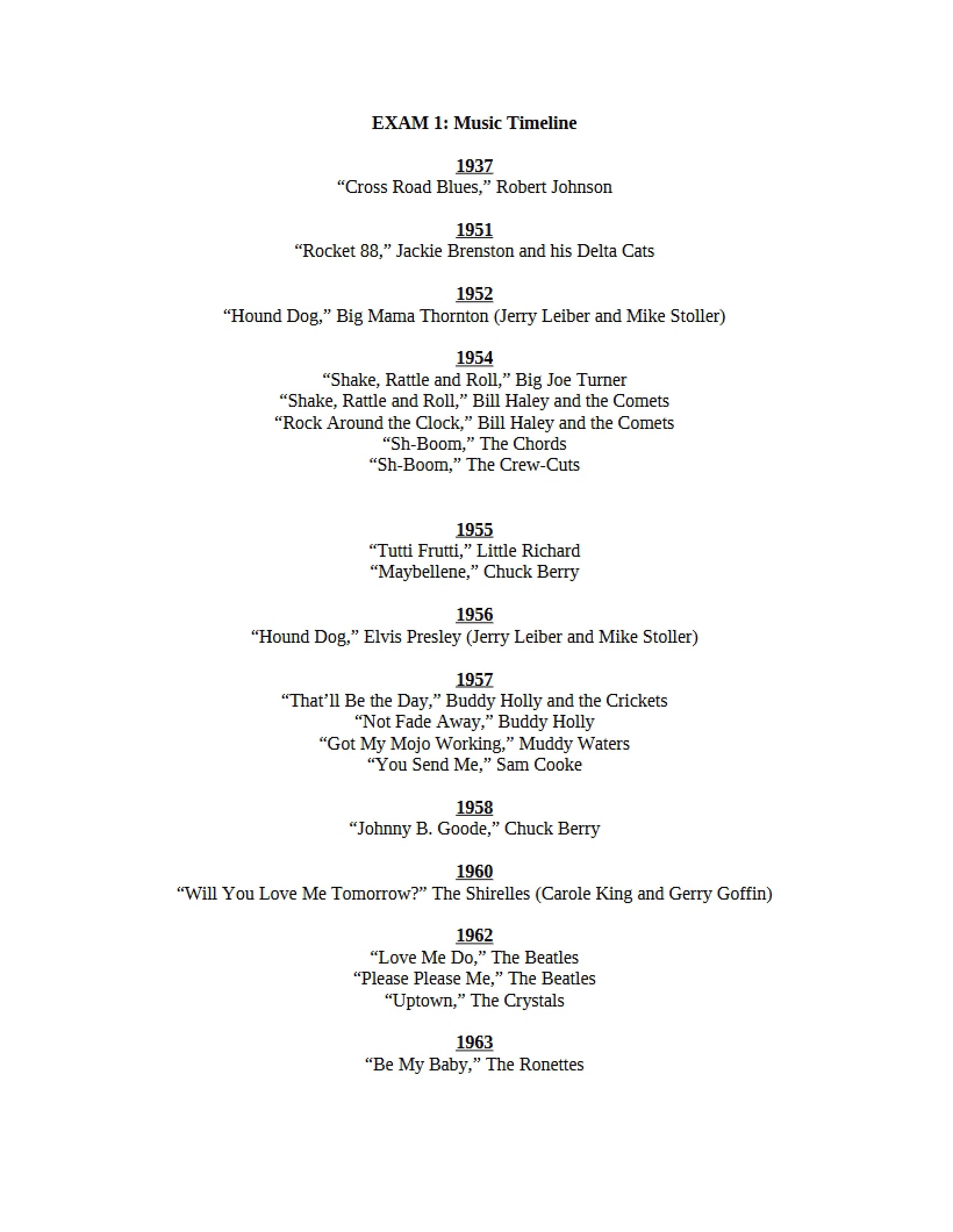 Timeline of Music Exam One