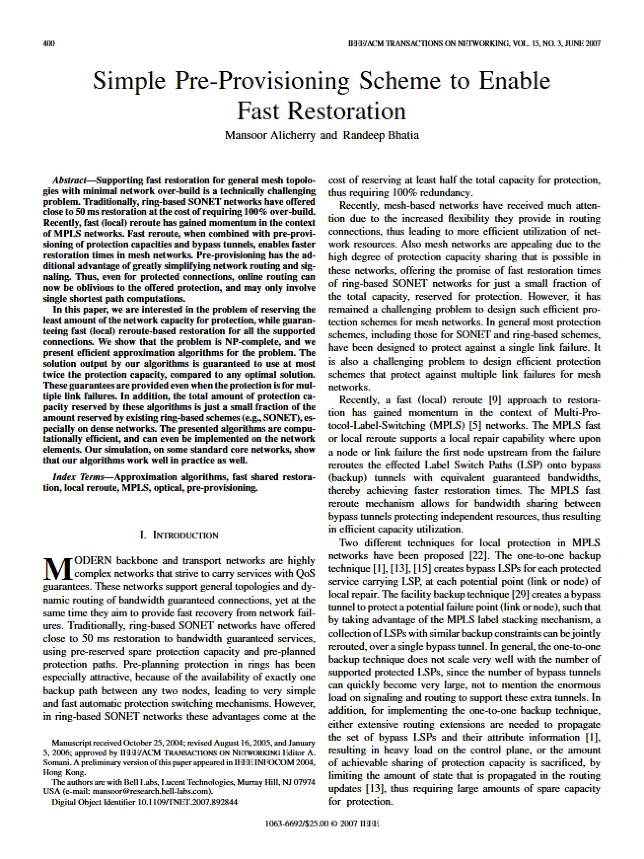 Simple Pre-Provisioning Scheme for Rapid Network Restoration