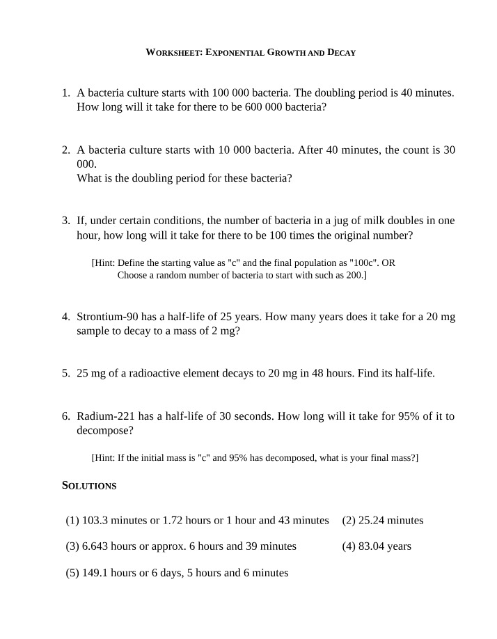 Worksheet on Exponential Growth and Decay