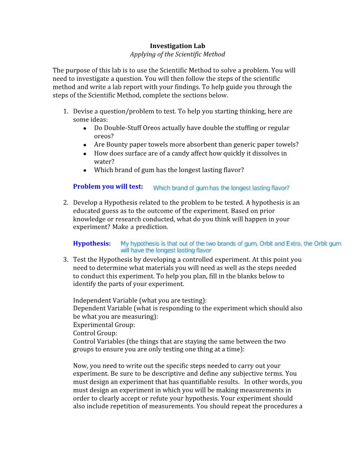 Scientific Method Investigation Lab