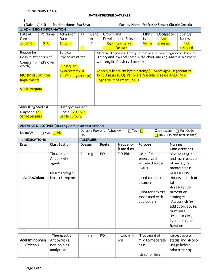 Patient Profile Database Full Record