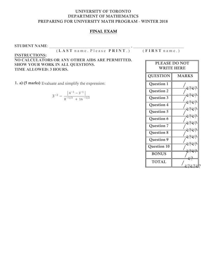 Final Exam PUMP - Winter 2018