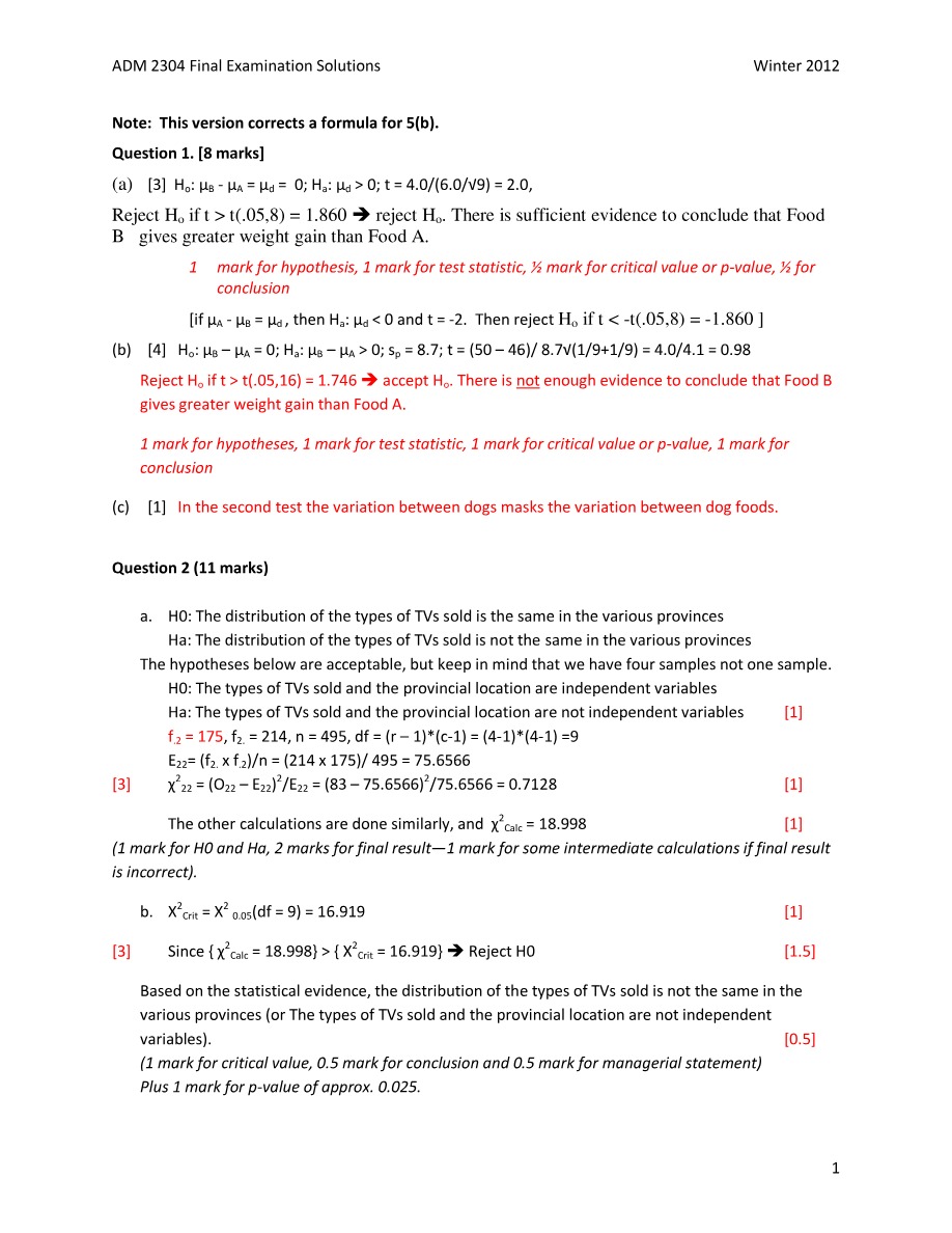 ADM 2304 Winter 2012 Final Examination Solutions Part 1
