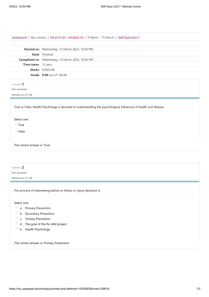 Self Quiz Unit 7 Attempt Review Three