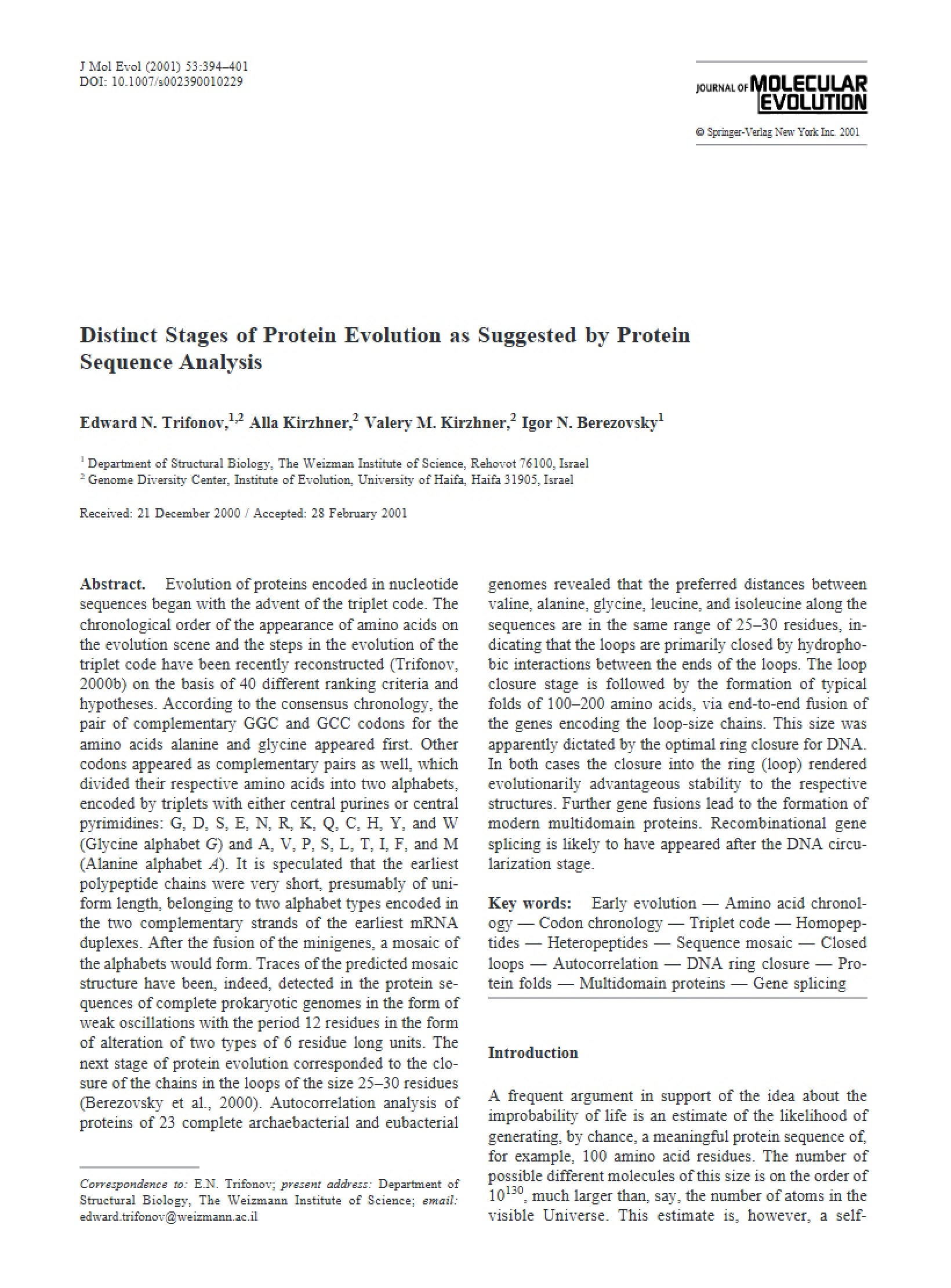 Protein Sequence Analysis and Evolution Stages