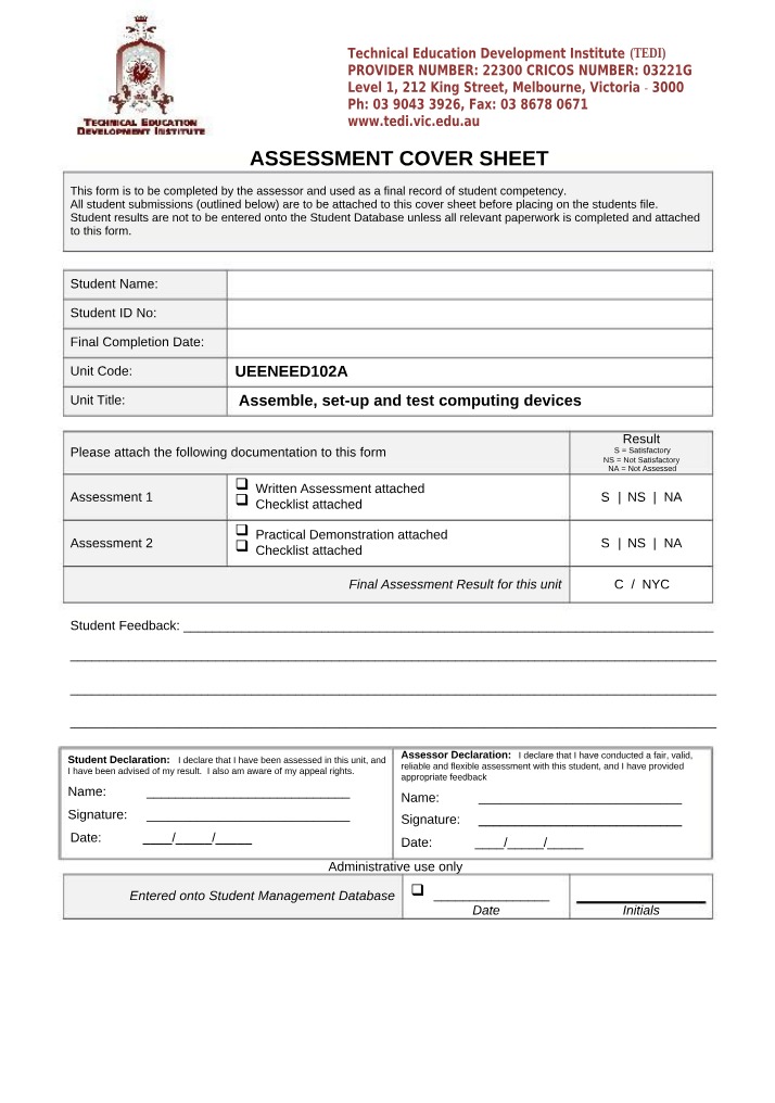 Written Assessment and Cover Sheet