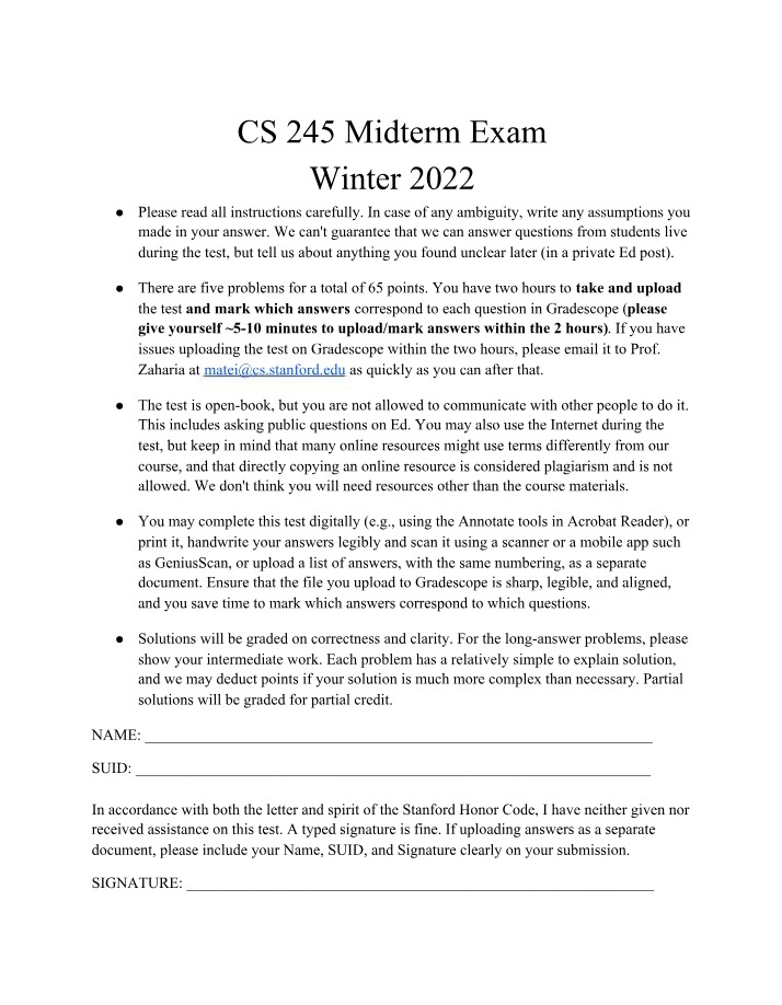CS 245 Midterm Exam - Problems, Solutions, and Instructions