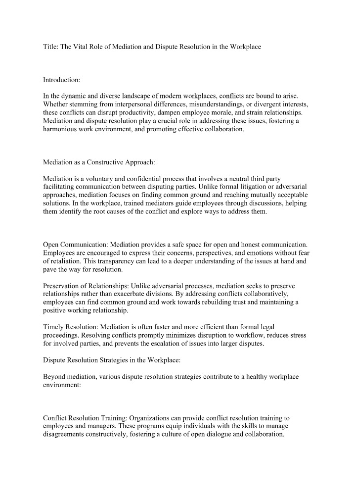 Workplace Mediation and Dispute Resolution