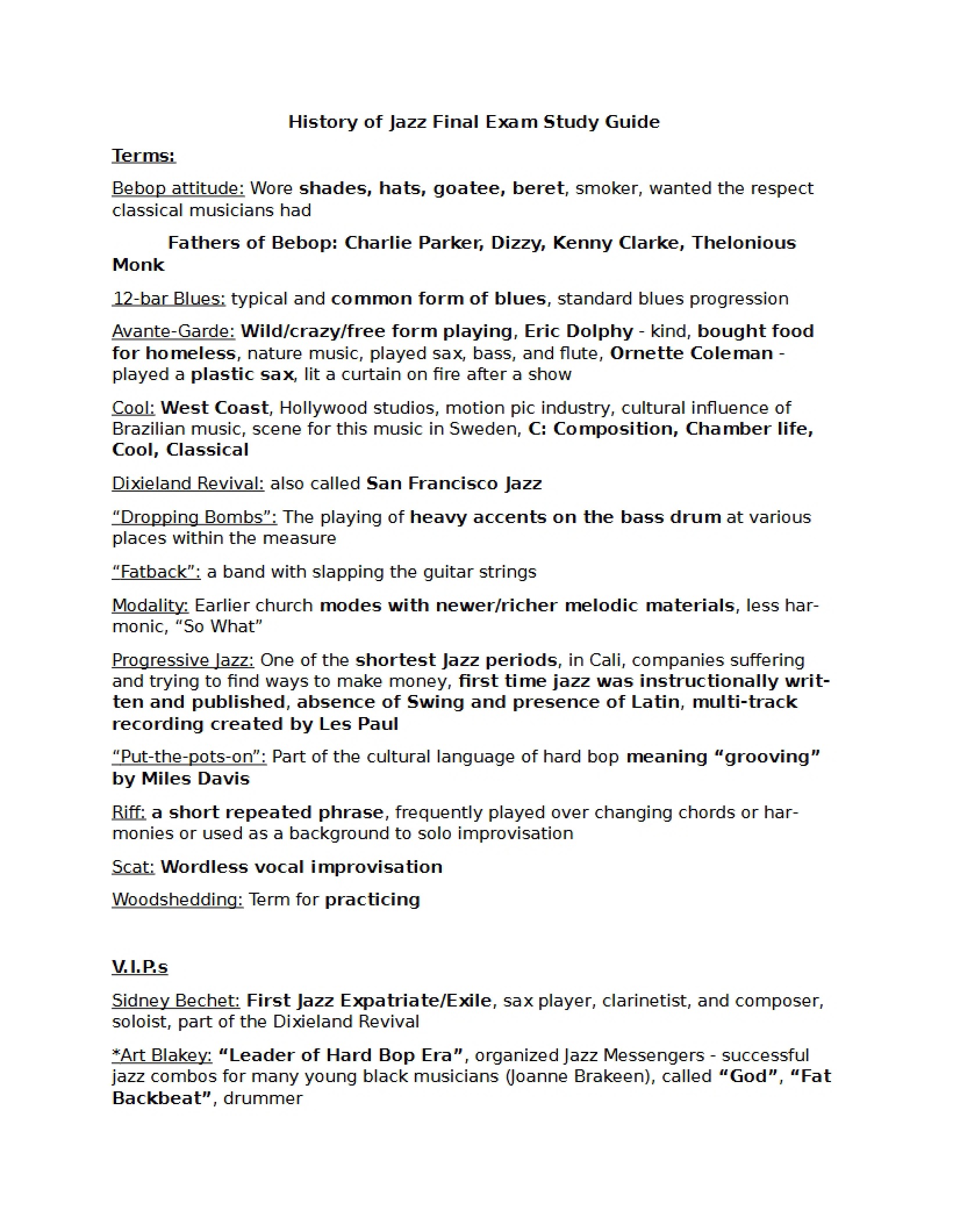 Jazz History Final Exam Guide