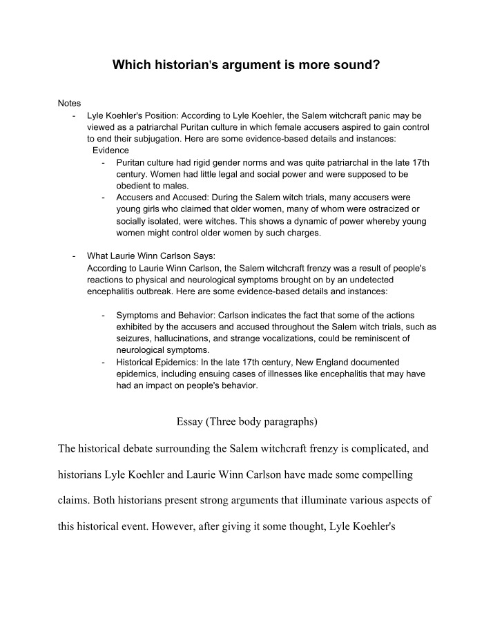 Salem Witch Trials - Analyzing Historians