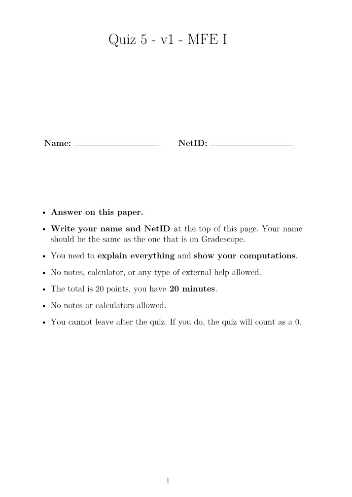 Calculations, Rates of Change, and Derivatives - MFE I Quiz 5