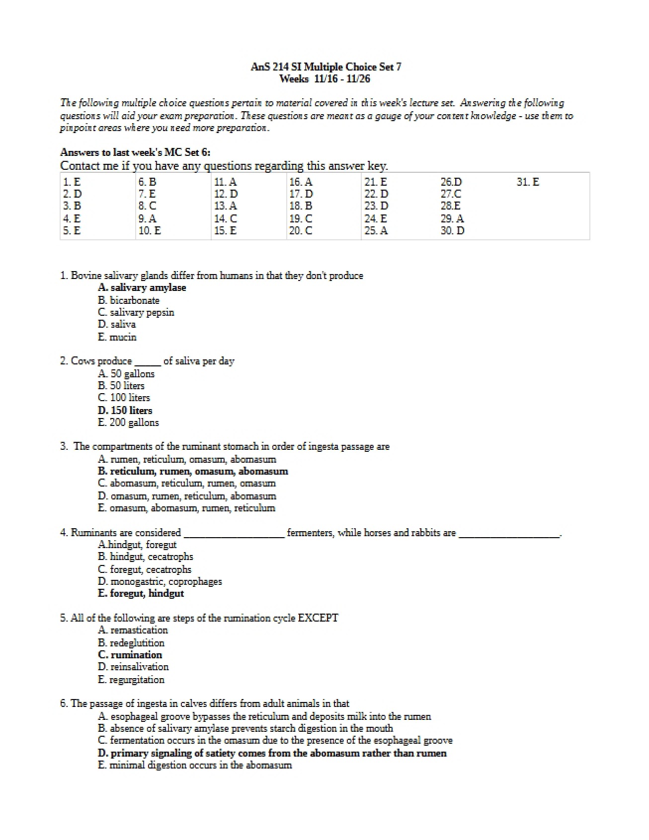 Seventh Multiple Choice Set on GI, Appetite Control, and Ruminants