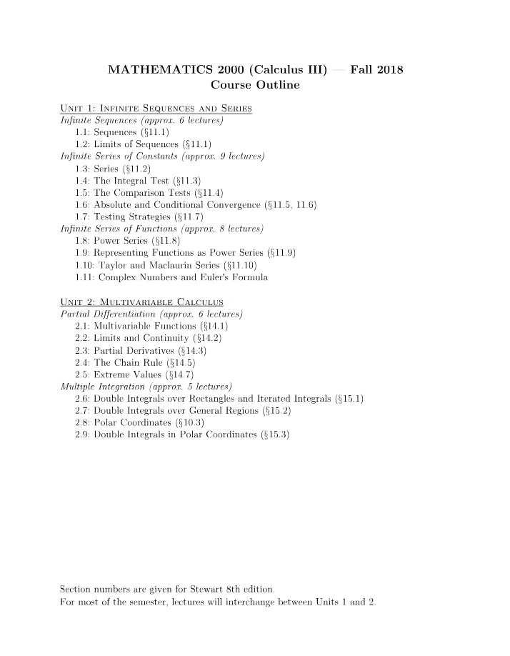 Mathematics 2000 Course Outline for Calculus III (Fall 2018)