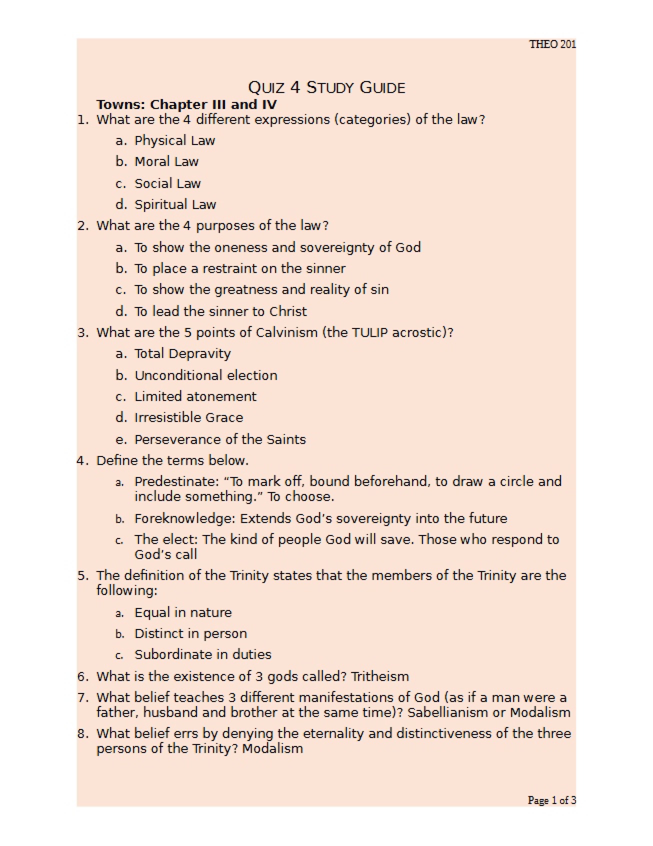 Fourth Quiz Study Guide for Theology Survey