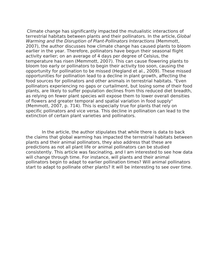 Climate Change Impact on Plant-Pollinator Interactions