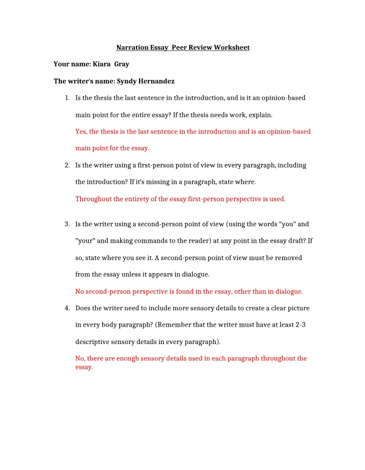Peer Review Worksheet - Narration Essay