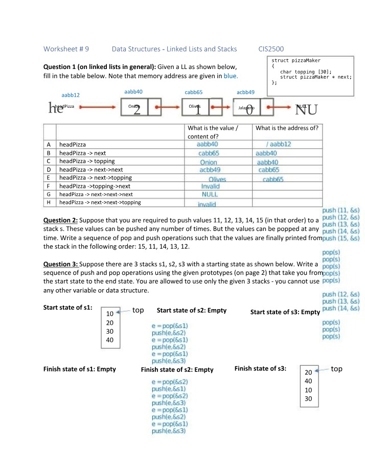Data Structures Worksheet 9 Section A