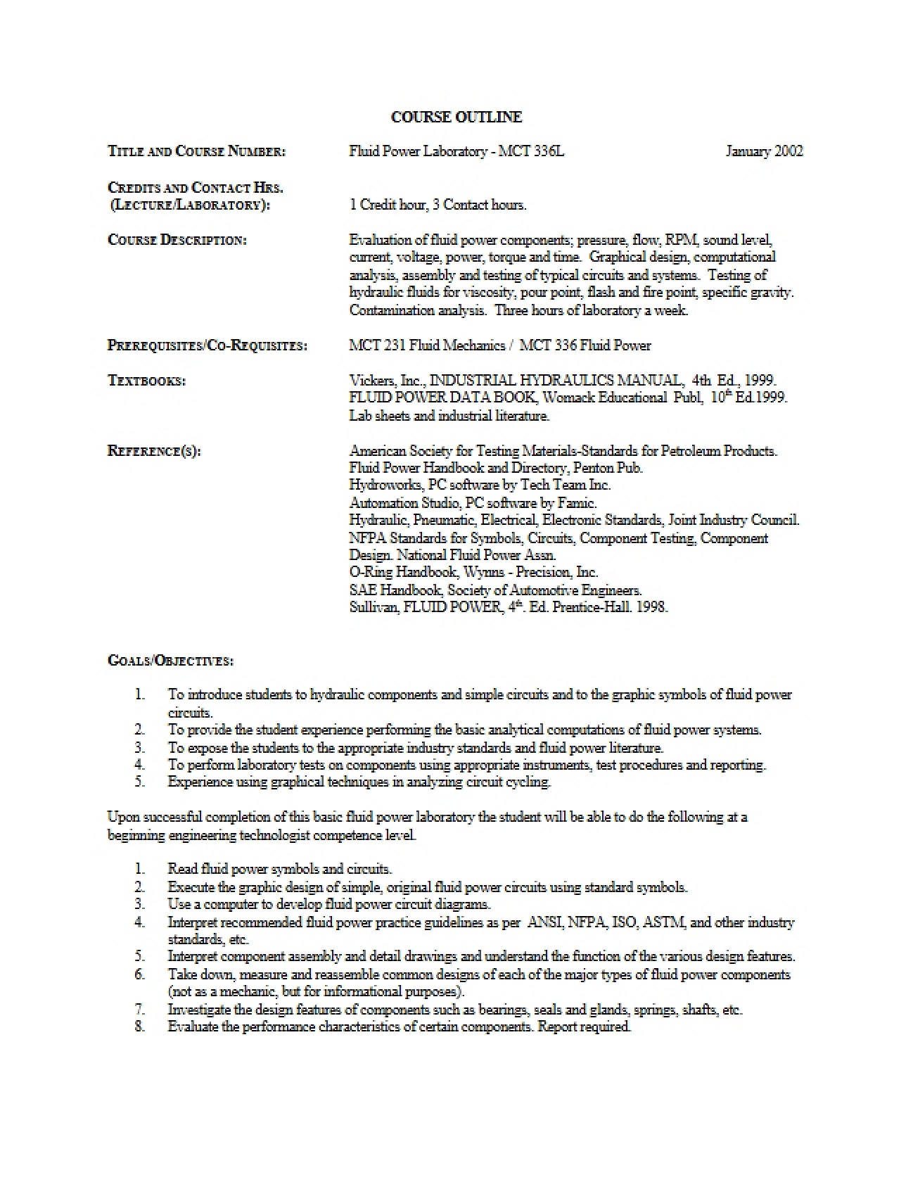 Fluid Power Lab Course Outline
