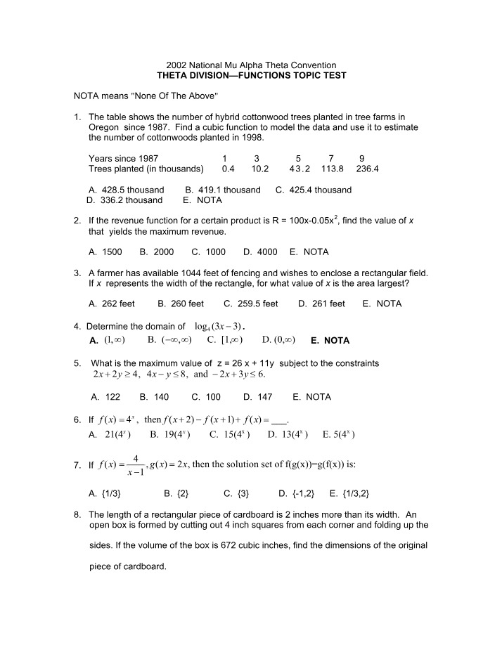 2002 Theta Division Functions Test Answer Key