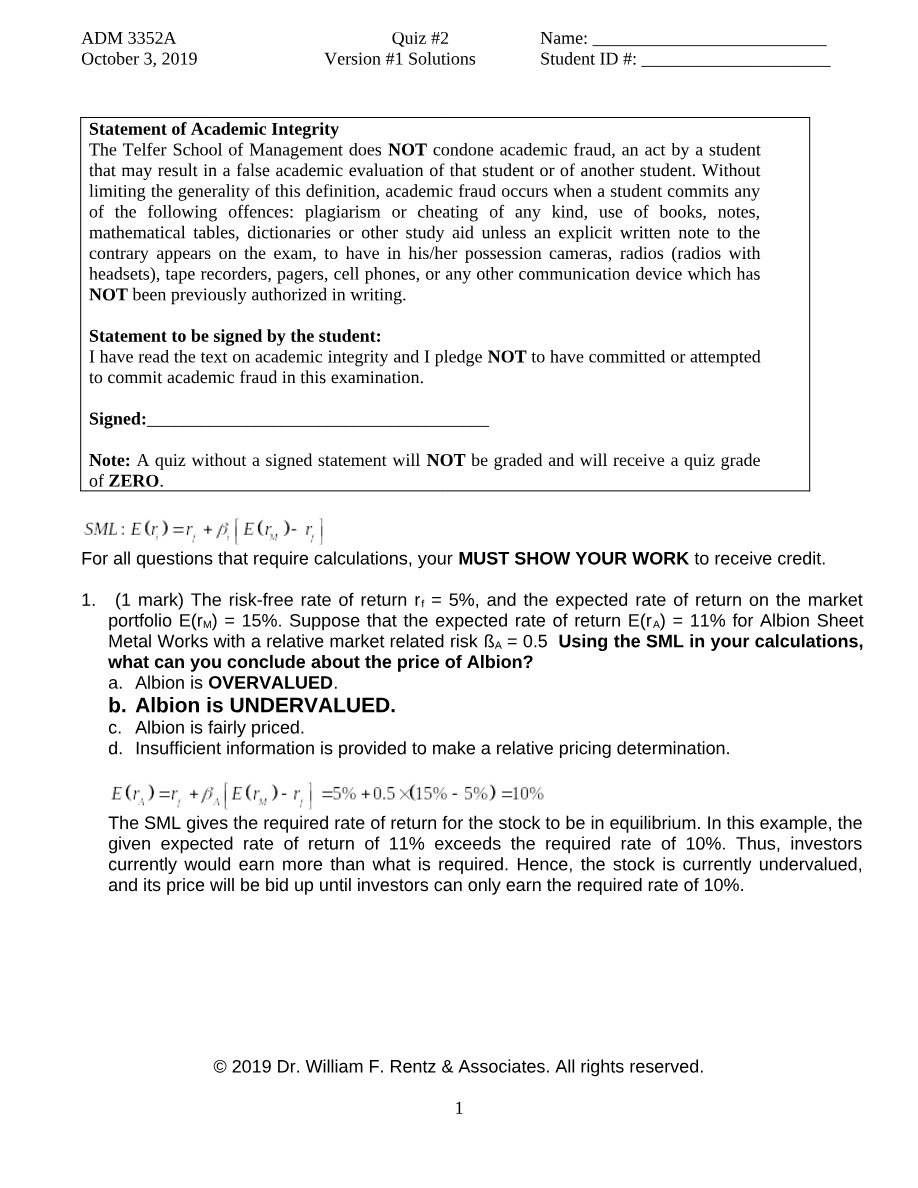 Quiz 2 Version 1 Solutions - ADM 3352A