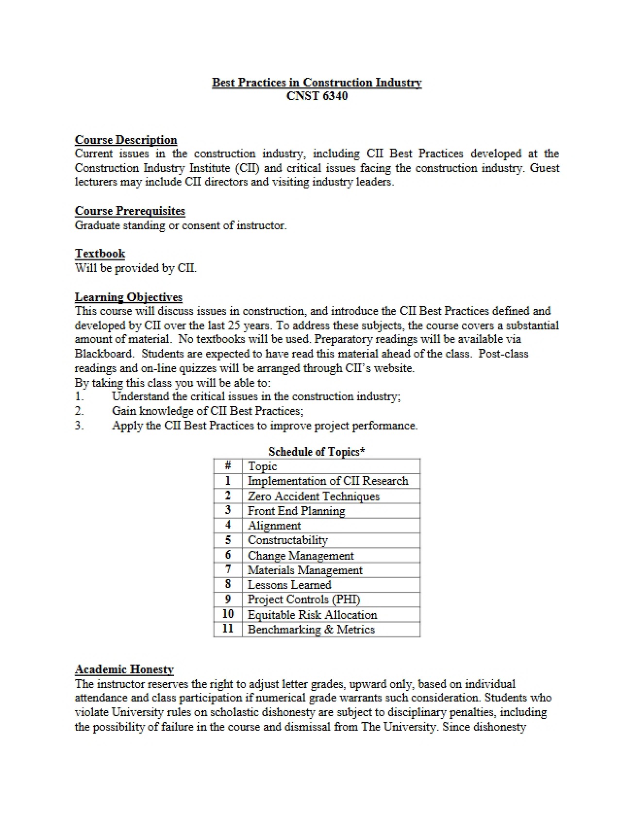 Construction Best Practices Syllabus