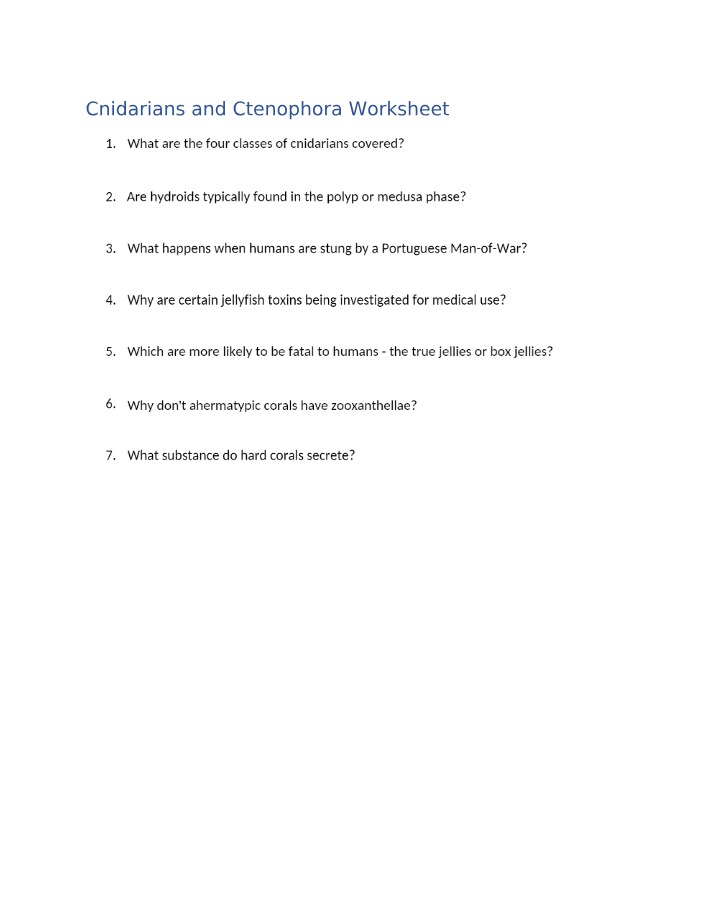 Worksheet on Cnidarians and Ctenophora
