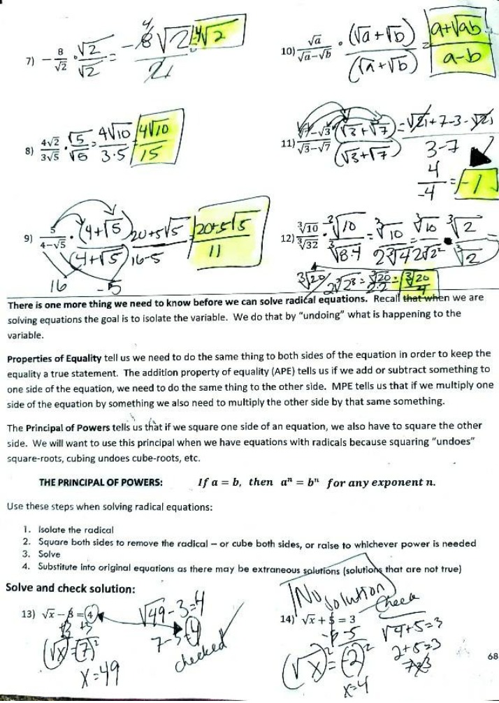 Worksheet on Radical Equations and Functions